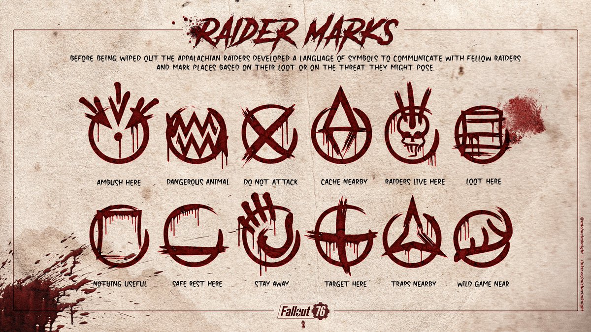 michaelmknight's tweet photo. For newer players, or for the veterans that don't know. The world of Appalachia is full of symbols left by the Raiders. If you come across one of these, here's what they relate to... #Fallout76 #Fallout #Fallout25 #Bethesda #Microsoft #Raiders #Game #artist #Games #VFX #artwork #Repost