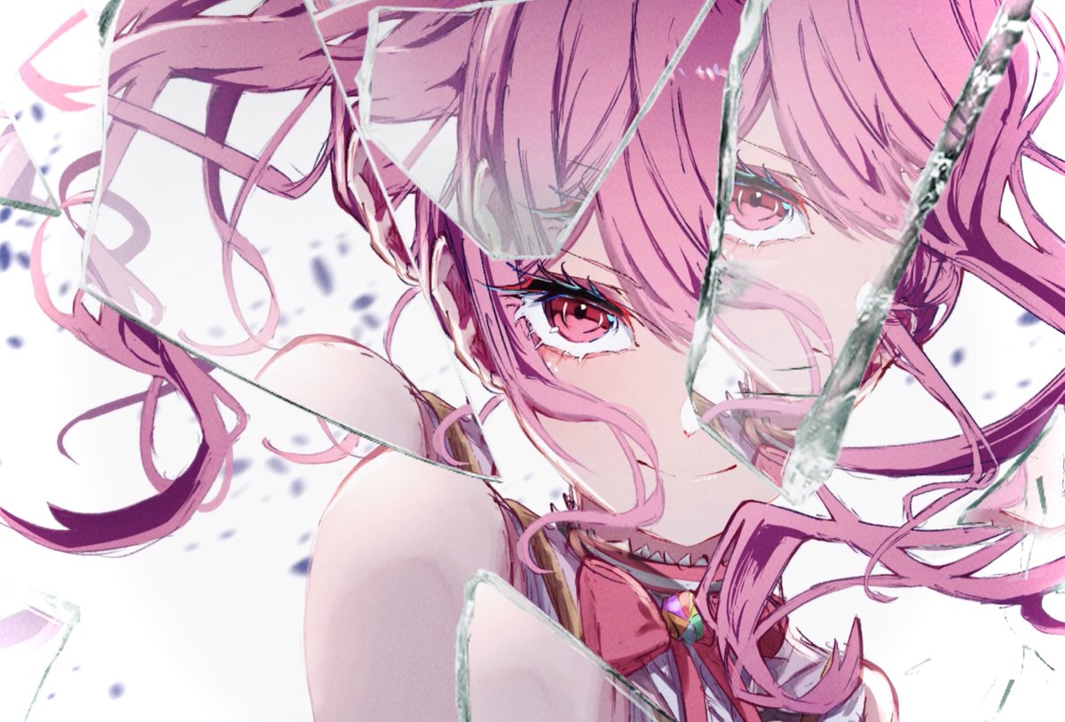 akiyama mizuki pink hair pink eyes glass solo bow broken glass looking at viewer  illustration images