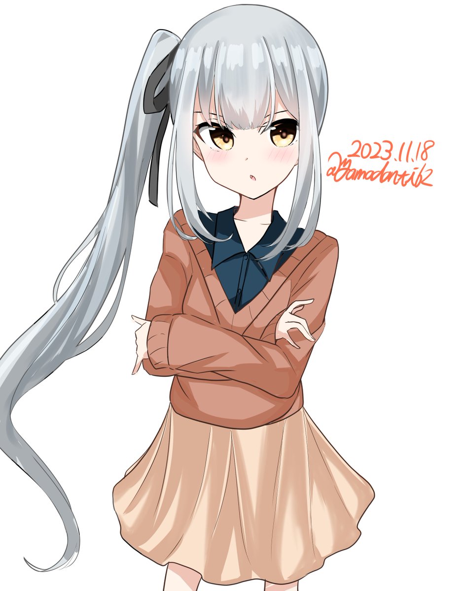 kasumi (kancolle) 1girl solo long hair side ponytail grey hair white background dated  illustration images