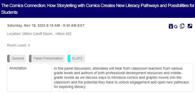 stenhousepub's tweet image. Starting off day 3 of #NCTE23 with &quot;The Comics Connection: How Storytelling with Comics Creates New Literacy Pathways and Possibilities for Students&quot; with @ShawnaCoppola from 8:15-9:30 in Milton Caniff Room, Hilton 402. #StenhousePub #WritingRedefined
