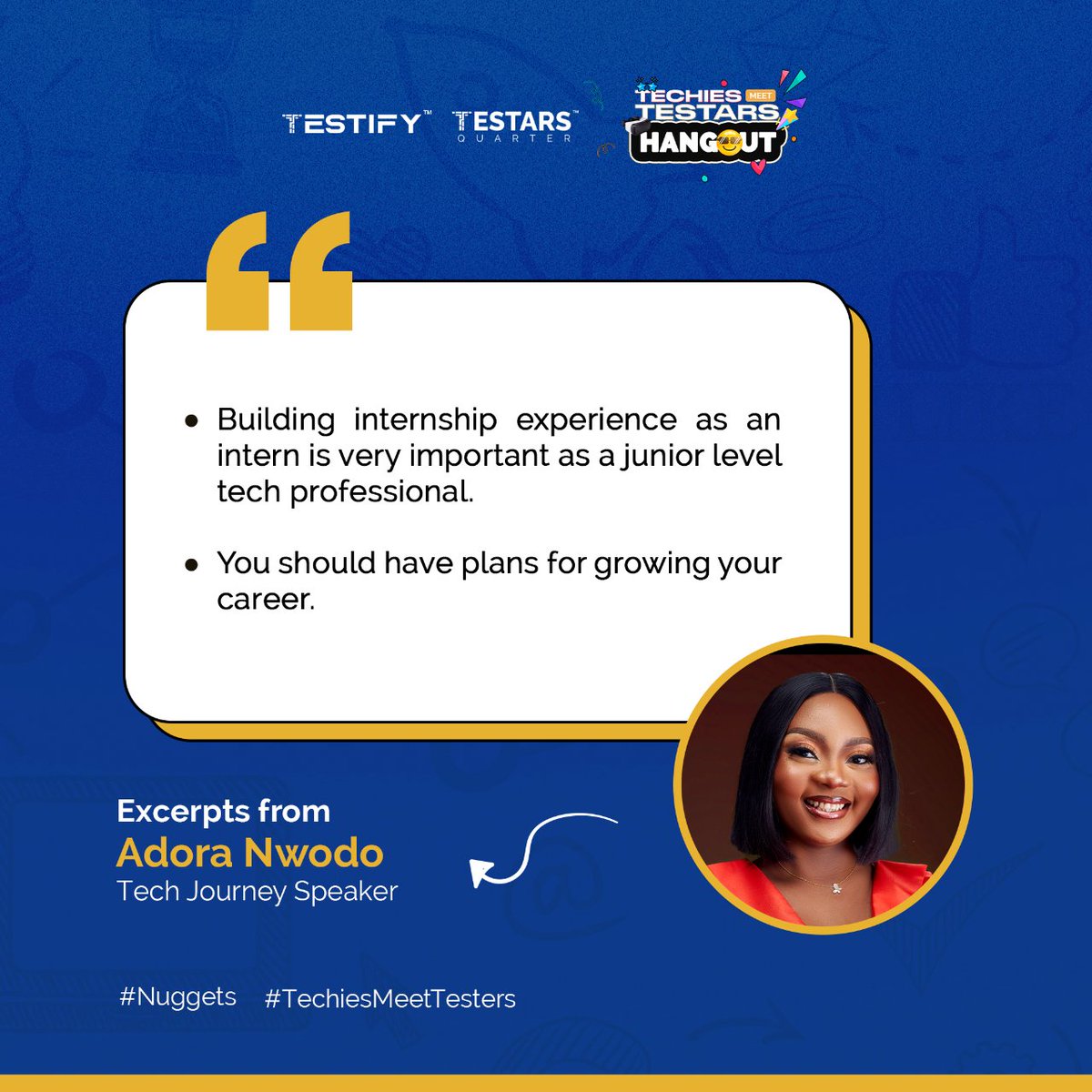 Testify_org's tweet image. Building internship experience as an intern is very important as a junior level tech professional.

• You should have plans for growing your career.