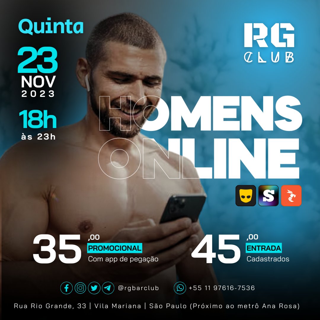 rgbarclub's tweet photo. QUINTA FEIRA - 23/11 das 18h ás 23h tem #homensonline 📷 aqui na #rgbarclub
R$ 35,00 - Promocional: Com app de pegação
R$ 45,00 - Cadastrados
> Nome na lista: https://t.co/V8TjTQqjiC
#homensonline #scruff #grindr #hornet #tinder #bargay #comlocalgay #rgbar #spgay #fetichegay https://t.co/LHCEQZaLjA