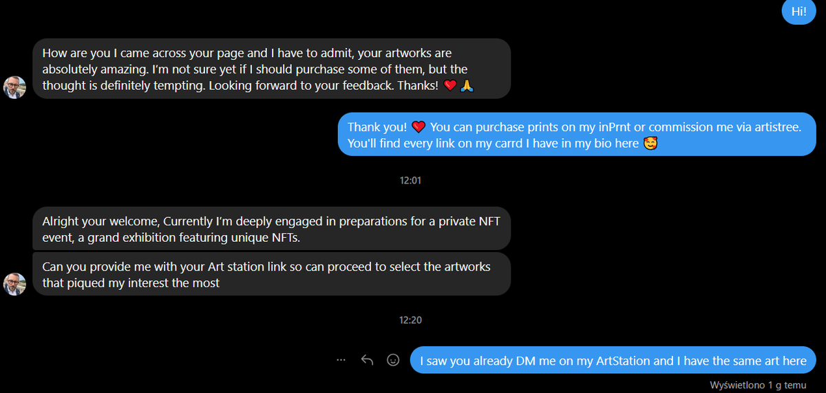 annanuna_arts's tweet photo. Update on #artscammers
I just got DM on AS (I don't use in months) and on insta. But this time I got a follow and even some of my post liked!!!
Account with bougth followers, what you can see in views and reactions. Pretends to support artists. Another NFTscam
Be careful ;-; https://t.co/l9MshATkW2