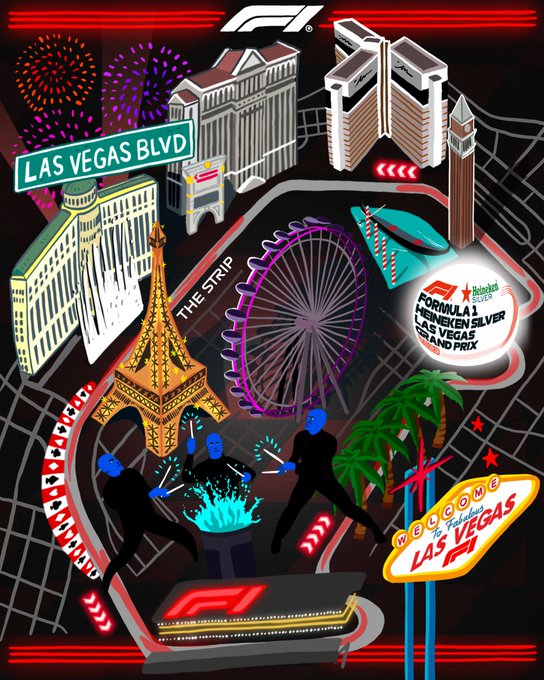 An illustration of the Las Vegas Strip Circuit showcasing iconic landmarks. F1 Plaza Building Sphere Caesars Palace The Bellagio The Venetian The Mirage Paris Las Vegas Las Vegas High Roller 