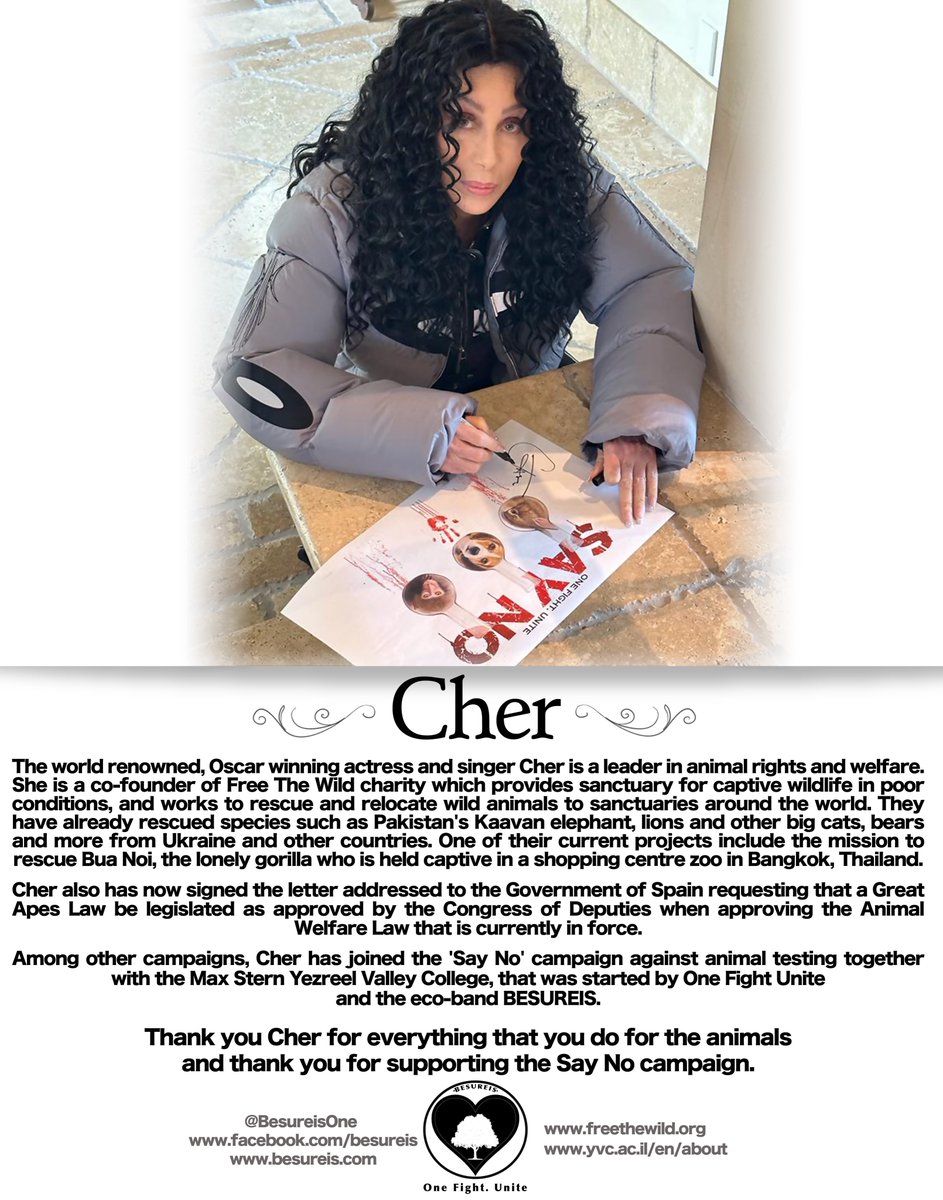 BESUREIS and One Fight Unite would like to say a huge thank you to the amazing Cher for her support of the Say No campaign.
Please see her wildlife conservation work on freethewild.org 
<a href="/cher/">Cher</a>
<a href="/PeterEgan6/">Peter Egan</a>
<a href="/BetsyAmbassador/">Betsy, Beagle Ambassador for FLOE</a>
<a href="/rickygervais/">Ricky Gervais</a>

#FTW 
#freethewild