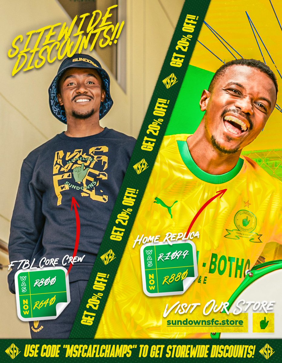 Masandawana's tweet photo. 𝐒𝐇𝐎𝐏 𝐒𝐓𝐎𝐑𝐄𝐖𝐈𝐃𝐄 𝐃𝐈𝐒𝐂𝐎𝐔𝐍𝐓𝐒 𝐓𝐎𝐃𝐀𝐘! 👆

Get up to 20% off storewide* when you use the code "MSFCAFLCHAMPS" at checkout! Shop your Champion Masandawana Merch today! 🛒🌟

Visit Our Online Store to shop today! ⬇

📲 https://t.co/kagD0sde3E

#Sundowns https://t.co/JF1LtTOo9G