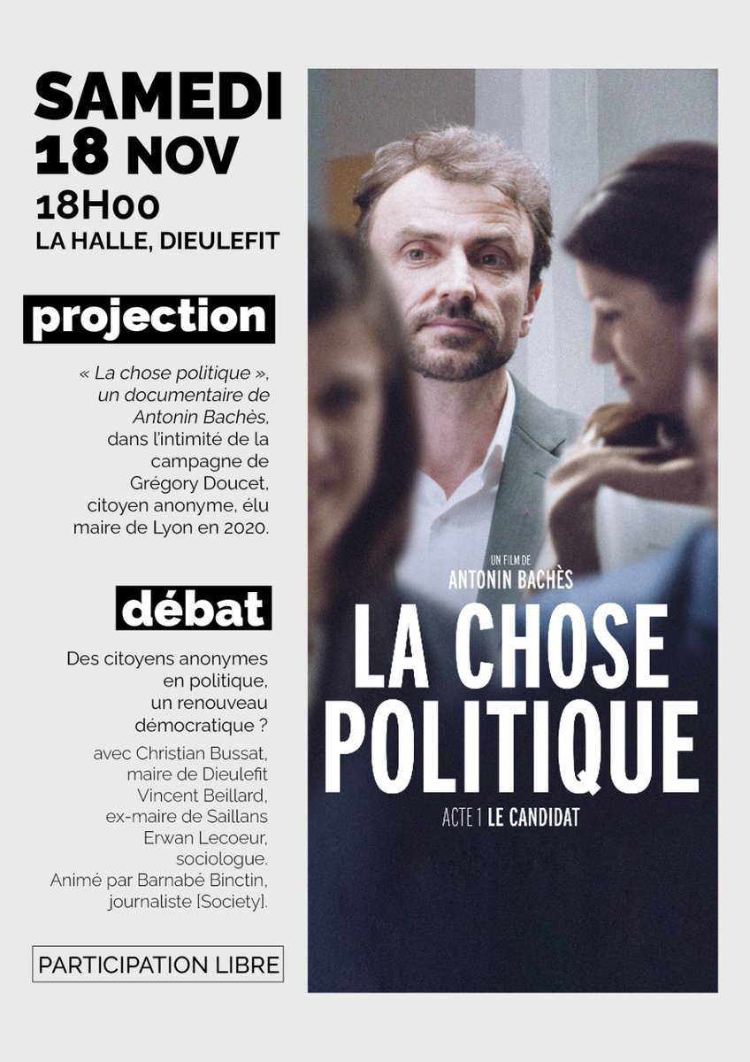 Pour les Drômois (et autres) qui voudraient se réchauffer le cœur, et la tête, avec quelques notes d'espoirs politiques, en ces temps difficiles : RDV ce soir, à Dieulefit ⬇️