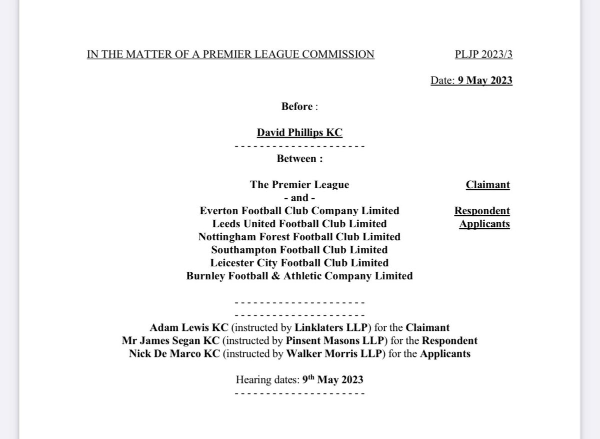 nickdemarco_'s tweet photo. At the same time as publishing the  important Everton points deduction decision the PL also published a short decision following a hearing that took place back in early May in which I acted for 5 other clubs that has until now remained confidential: https://t.co/DqTSFSYjYd

As usual with arbitration I can’t comment on the proceedings but the short decision should be of interest to many as it is to my knowledge the first case to consider the PL rule allowing for clubs to claim compensation in disciplinary proceedings, the purpose of which was acknowledged to be to avoid the multiplicity of different proceedings (para 6)

Readers can note 3 things from the now public judgment: 

1) under the rules other clubs may in principle have a claim for compensation and such claims will be dependent on the outcome of the PL complaint amongst other things - see para 11; 

2) despite PL rule W.27 providing the right to a club to apply to be awarded compensation in disciplinary proceedings, the rights to intervene were viewed as very limited (e.g paras 12-13); and

3) the commission was asked to determine the complaint before June this year but found it was impossible to do so (paras 16-17).

#sportslaw #Everton #football  #PremierLeague