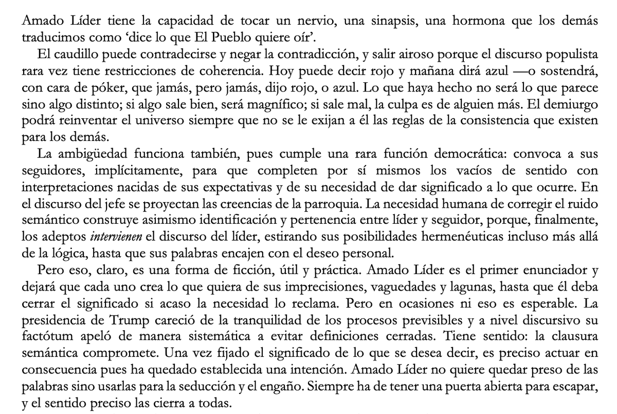 Milei dice, ahora, que no hará lo que dijo que haría. No es nuevo. Menem dijo: 'Si decía qué pensaba hacer, no me votaban'. Y de Trump, decían: no crean lo que ven, no hará eso, no es así. ¿Incoherencias? Estrategia, y los votamos aunque mientan. De #AmadoLider: