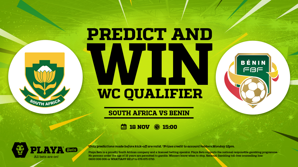 Playabets's tweet photo. 💰#PlayaPredict and Win💰

Predict the exact score in this weekend's World Cup Qualifier between South Africa and Benini to win a R25 betting voucher! ⚽🤑

*Only one entry pp. Only entries made before kick-off are valid.

Winners will be announced on Monday.

#PlayaPromos https://t.co/znqQ6cQuA0