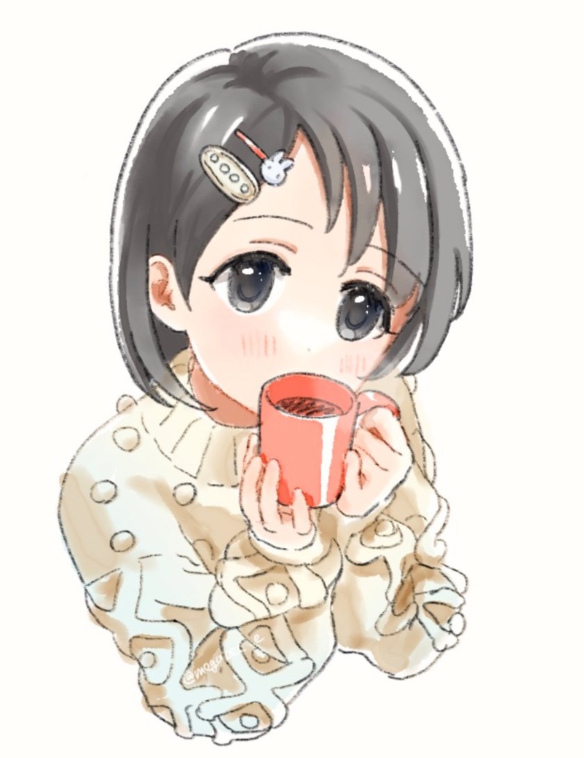 sasaki chie 1girl solo cup hair ornament mug black hair sweater  illustration images