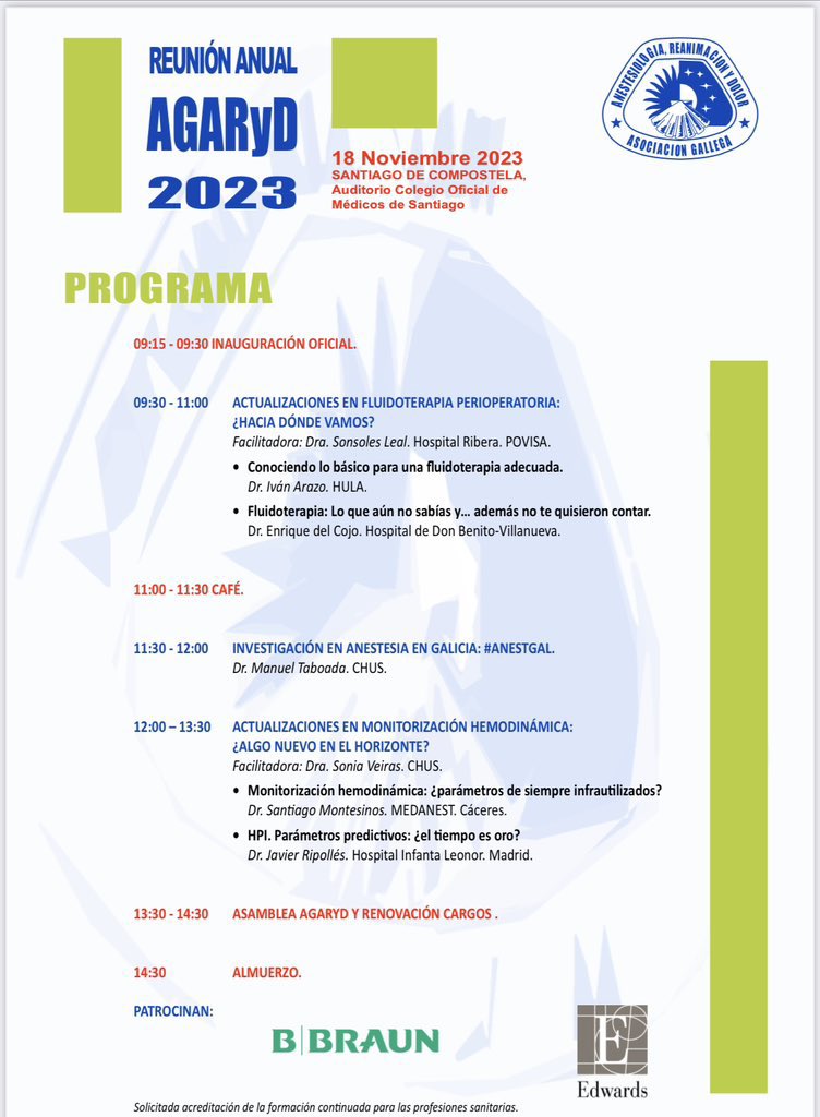 MontesinosSanti's tweet photo. 🎓 I N A U G U R A C I Ó N
REUNIÓN anual @AGARyDGalicia
🎙️ @ServandoAlais (presidente)
🎙️ @sabe_dr (vicepresidenta)

📍 Col. Méd. Santiago @COMC_Oficial
🗓️ 18.11.2023 9:15-14:30

➡️➡️ A C T U A L I Z A C I Ó N ⬅️⬅️
🫀 Hemodinámica
💦 Fluidoterapia
🔬 Investigación #ANESTGAL https://t.co/XHuMAPiTVR