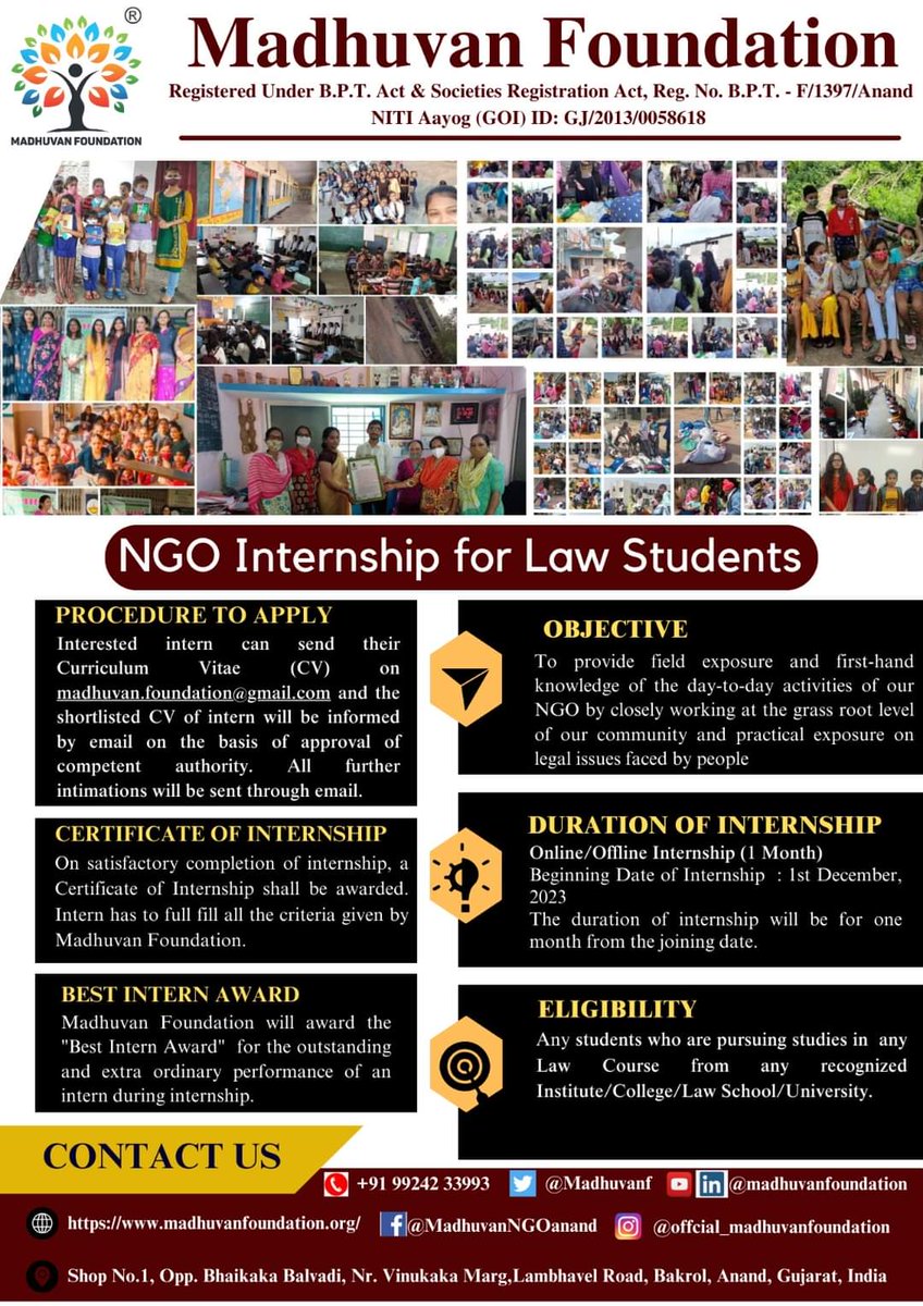 MadhuvanF's tweet photo. #MF
#NGO_Internship_For_Law_Students
#Be_Intern 

Internship provides significant practical exposure and is crucial for understanding the field of law. Doing an internship can seriously benefit law students in a ton of ways. https://t.co/7XtWfx0n0e