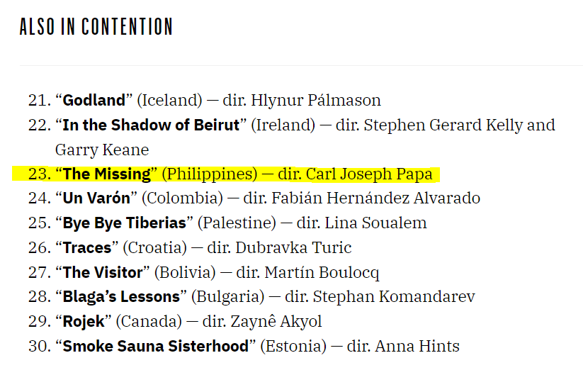 Playbuck_PH's tweet photo. Philippine #TheMissing has officially entered Variety's radar! We're now in contention, listed no. 23 out of 89 #Oscar submissions. This is unprecedented. LET'S PUSH THIS MORE! https://t.co/GWJSliP2p7