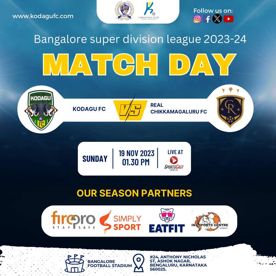 MATCH DAY ALERT! Kodagu FC is going head-to-head with Real Chikkamagaluru FC.

Catch all the action LIVE tomorrow at 01:30 PM on the Sportscastindia YouTube channel! 📺

#MatchDay #FootballFever #KodaguFC #ChikkamagaluruFC #BangaloreSuperDivisionLeague #Footballfan #KodaguFCFans