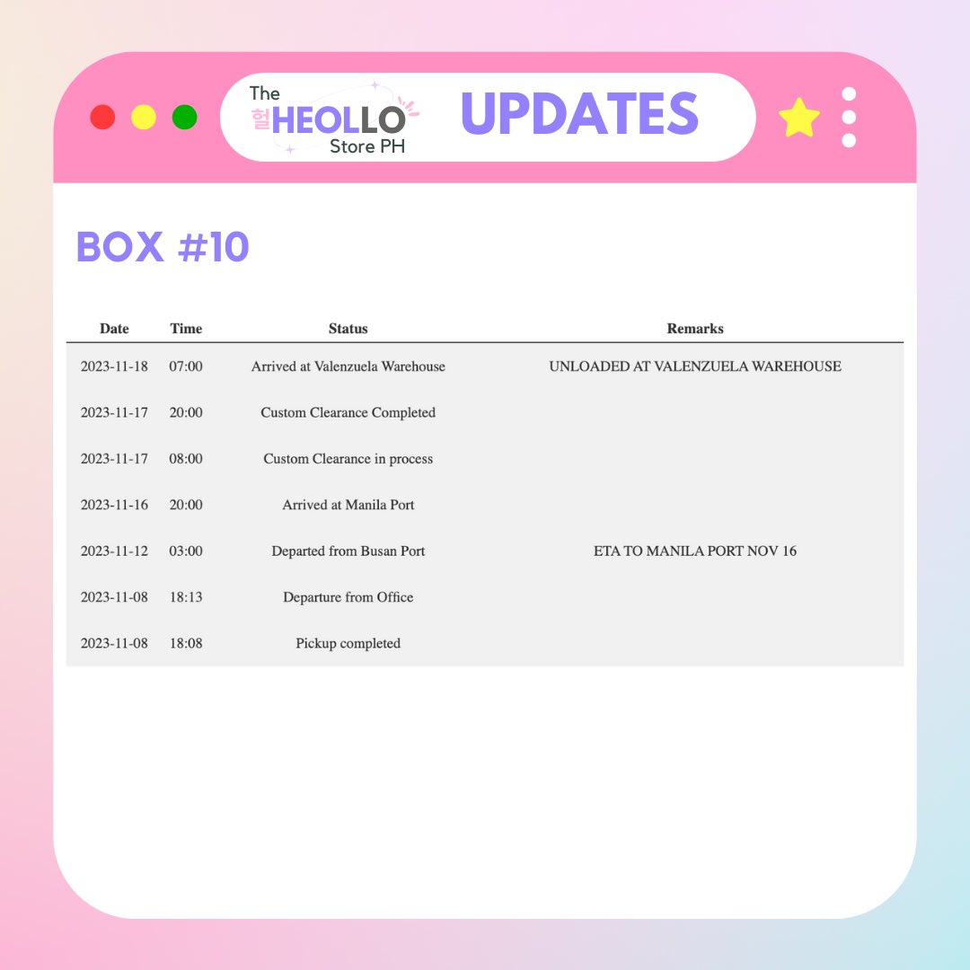 TheHeolloPH's tweet photo. #TheHeolloPHUpdates
๐Follow this thread for BOX #10 updates ๐
BOX #10 was picked up from the KR address last November 8, 2023โจ๐ already arrived at the PH warehouse of our courier. Waiting for delivery to our address. ๐ค
Items included:
- BTS Jungkook Vogue Magazines (16)
- XG New DNA Album Set (1)
- SVT S.Coups Domino Glass Set (1)
- SVT Jeonghan Toram on the Moon (2)
- SVT Jeonghan Pluffy Toram & Blanket Set (1)
- SVT Joshua Pulse Pause Perfume DIY Kit (1)
- BTS V Layover Set (1)
- BTS Merch Box #13 (1)
- BTS Army Membership Kits (5)
- EXO Planet Merch
- BTS Jungkook Seven Shirt L (1)
- Cantata Coffee (4 boxes)
- Korean Biscuits (4 boxes)
- Maxim Gold Box (1)
- BTS RM Indigo Vinyl LP (1)
- Lotte PVC PCs (20)
- SVT 11th Mini album Seventeenth Heaven Set (1)
- SVT 11th Mini album Seventeenth Heaven Weverse Albums Ver (1)
- BTS Jungkook Golden Album Sets (15)
- Menthol Roll On (10)
- BTS Jimin Elle Magazine (3)
- BTS Lenticular Postcard BE JK (2)
- BTS Lenticular Postcard BE RM (2)
- BTS Lenticular Postcard LY Answer JK (2)
- BTS Lenticular Postcard LY Answer Group (2)
- BTS Lenticular Postcard LY Answer RM (2)