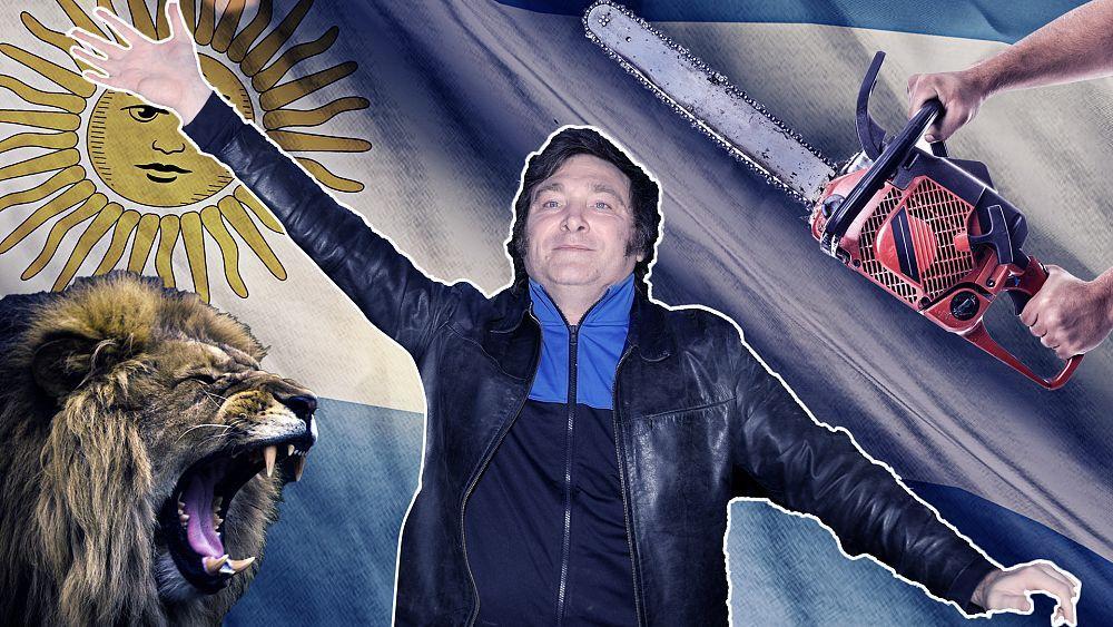 euronews's tweet photo. Calling himself "the king of the jungle" and bringing out a chainsaw during his electoral campaign, Javier Milei is stirring up Argentinian politics at a sensitive time for the Latin American country. https://t.co/LXahB5WqZp https://t.co/N9pWHtk2bc