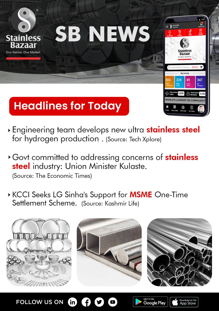 StainlessBazaar's tweet photo. SB News by Stainless Bazaar

1. Engineering team develops new ultra stainless steel for hydrogen production (Source: Tech Xplore)

Read More: https://t.co/FNsJbk5Zvz

#SBNews #StainlessBazaar #MSMEs #StainlessSteel #Steel https://t.co/z5WNsyKIoC