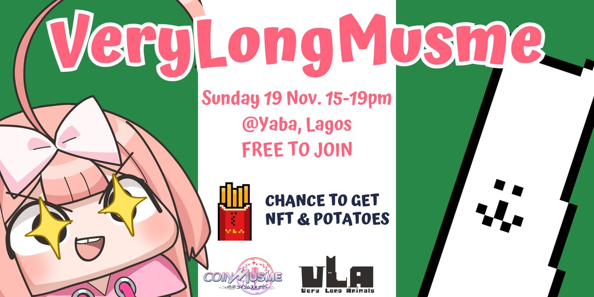 verylonganimals's tweet photo. The first event after releasing VLAZ with CoinMusme @coinmusme_EN 

🕑Sun 19 Nov. 3 - 7 pm (Tomorrow)
📍Cafe One
🐯Chance to get potatoes and VeryLongAnimalsZ
🚗Transportation will be covered up to 5k Naira

🍟Every LIKE+RT will get you 100 potatoes.

Booking Link
https://t.co/LSOVeSXyC5