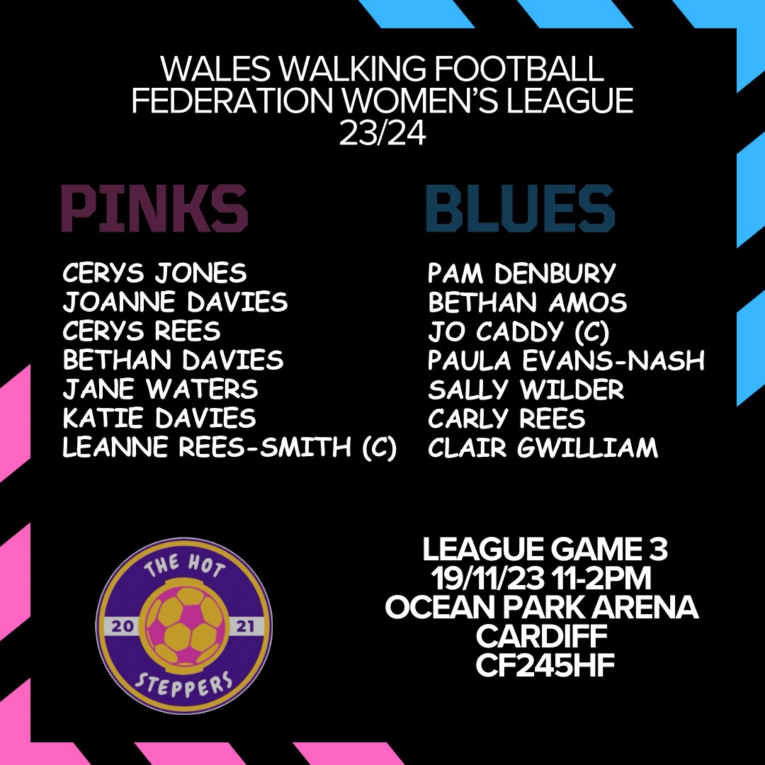 We have our two teams back in action tomorrow. 
Looking forward to seeing all the Wales Walking Football Federation Women’s League teams ⚽️ Always a great day ⚽️
<a href="/oceanparkarena1/">Ocean Park Arena</a> <a href="/Wales_WF/">Wales Walking Football</a>