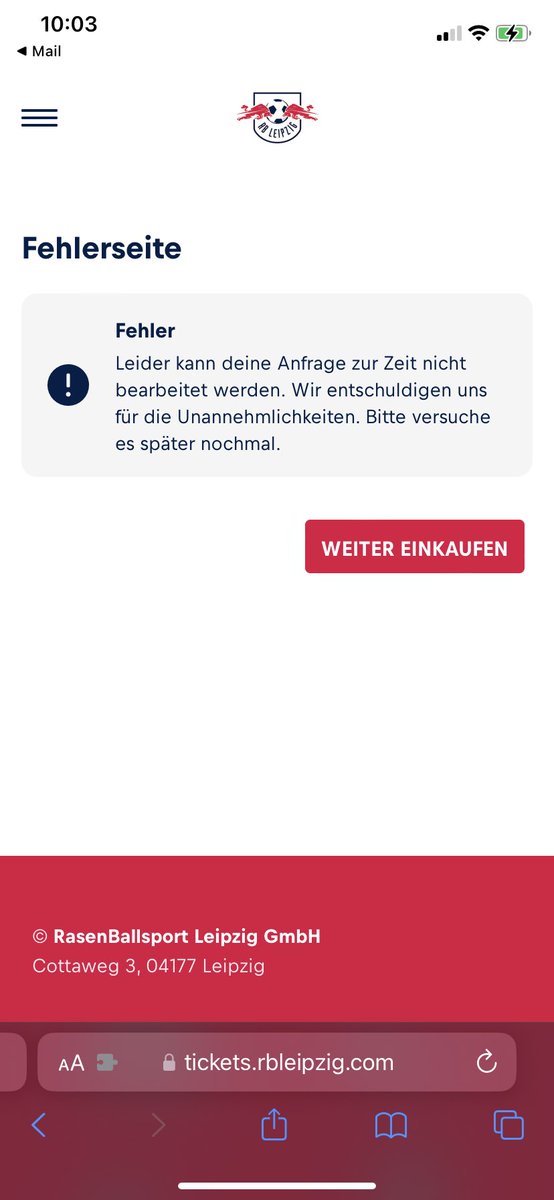 RBEule82's tweet photo. @RBLeipzig: Tickets für die Weihnachtsfeier sind nicht buchbar. Es kommt immer diese Fehlermeldung. https://t.co/PhztukwIM8