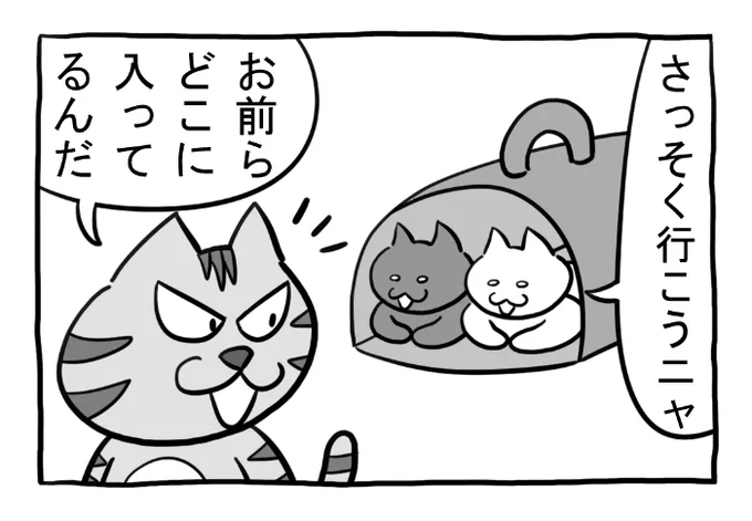 ねこまんがかいてみた328「ペット用バッグ」#ねこ #ネコ #猫 #白猫 #黒猫 #猫漫画 #4コマ #4コマ漫画 #四コマ漫画 #マンガ #漫画 #野良猫 #バッグ #ペット #キック #漫画が読めるハッシュタグ 