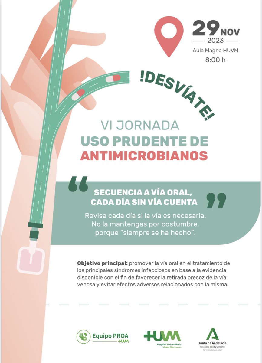PROA_Macarena - Infecciosas (@proamacarena) on Twitter photo 🔴Secuenciación a VÍA ORAL
“Revisa cada día si la vía venosa es necesaria. No la mantengas por costumbre”
❗️ ❗️❗️D E S V Í A T E ❗️❗️❗️
📆 miércoles 29nov
🕗8 am
📍Aula Magna <a href="/HUVMacarena/">Hospital Virgen Macarena</a>
Hablaremos de biodisponibilidad y de complicaciones graves asociadas a catéteres. 🔴Secuenciación a VÍA ORAL
“Revisa cada día si la vía venosa es necesaria. No la mantengas por costumbre”
❗️ ❗️❗️D E S V Í A T E ❗️❗️❗️
📆 miércoles 29nov
🕗8 am
📍Aula Magna <a href="/HUVMacarena/">Hospital Virgen Macarena</a>
Hablaremos de biodisponibilidad y de complicaciones graves asociadas a catéteres.
