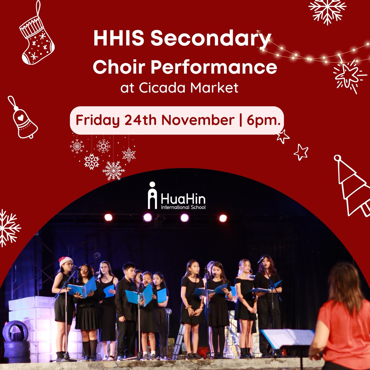 Start getting into the festive spirit by watching the HHIS Secondary Choir at Cicada Market on Friday 24th November.

They will be performing at 6pm at the large ampitheatre at the front of the market.

What better way to start the weekend?!

#HHIS #choir #edu #twitteredu #huahin