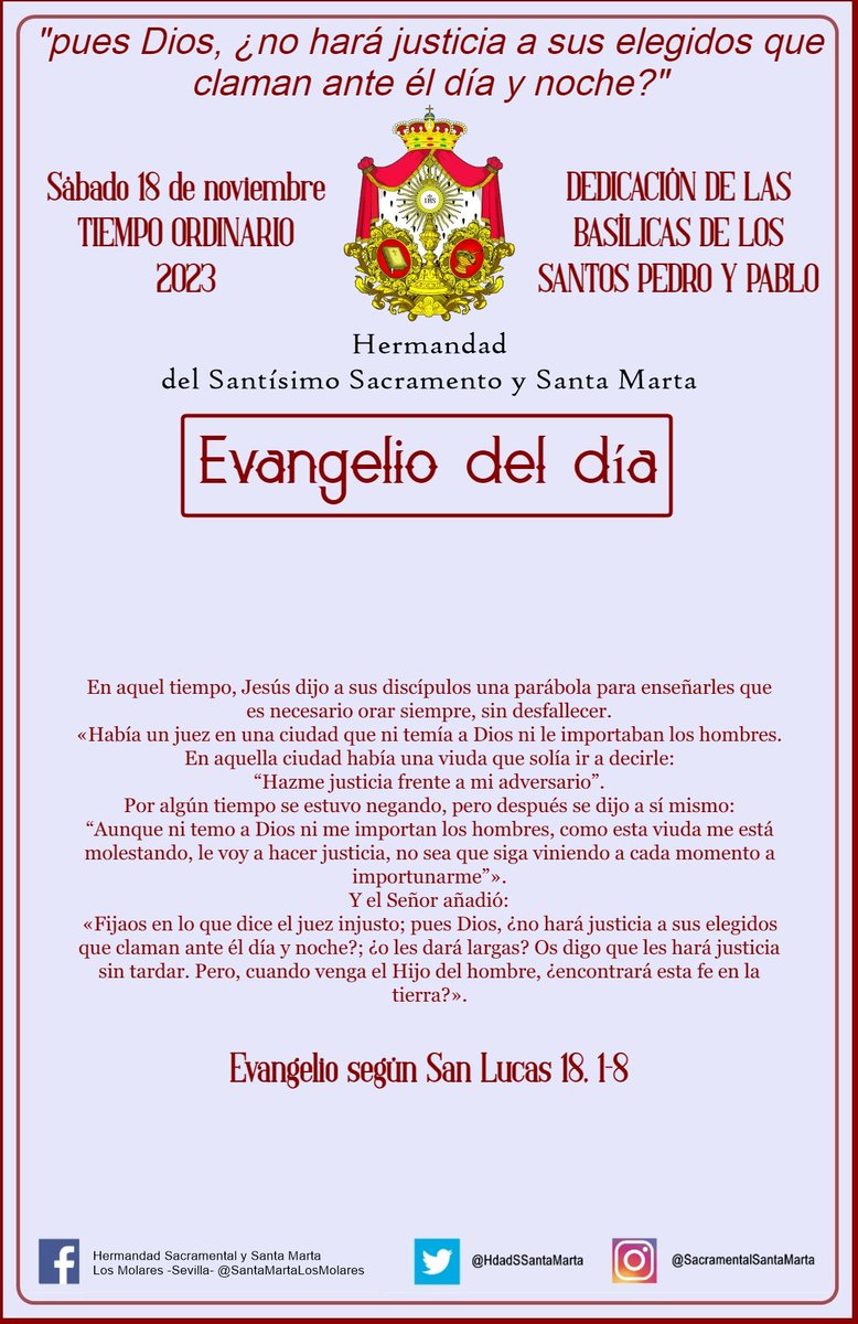 HdadSSantaMarta's tweet photo. #EvangelioDelDia | Sábado 18 de noviembre. DEDICACIÓN DE LAS BASÍLICAS DE LOS SANTOS PEDRO Y PABLO. TIEMPO ORDINARIO. Evangelio según San Lucas @EvangelizarSev https://t.co/dW5jpQmBaO