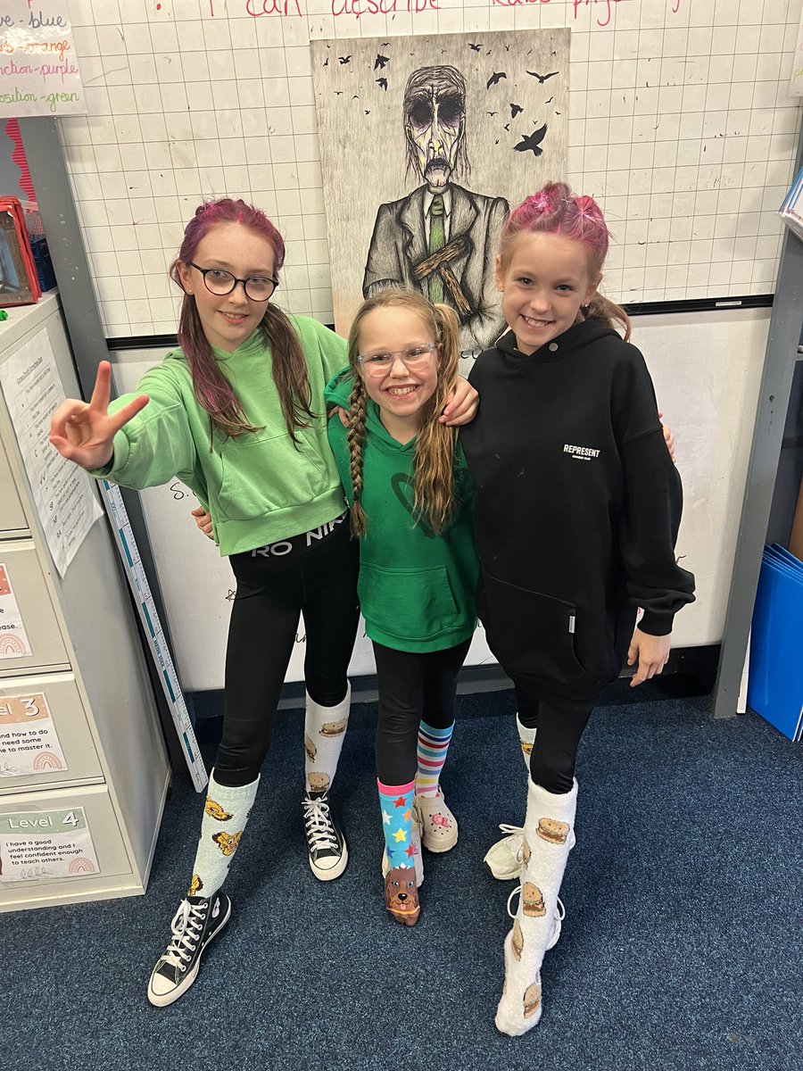 Embracing diversity and spreading kindness! 🧦🌈 P7A rocking odd socks, and some awesome girls flaunt crazy hair to stand against bullying. Let's celebrate uniqueness and make every week Anti-Bullying Week! #BeKind #EmbraceIndividuality #AntiBullyingWeek2023 @CorpusChristi_K