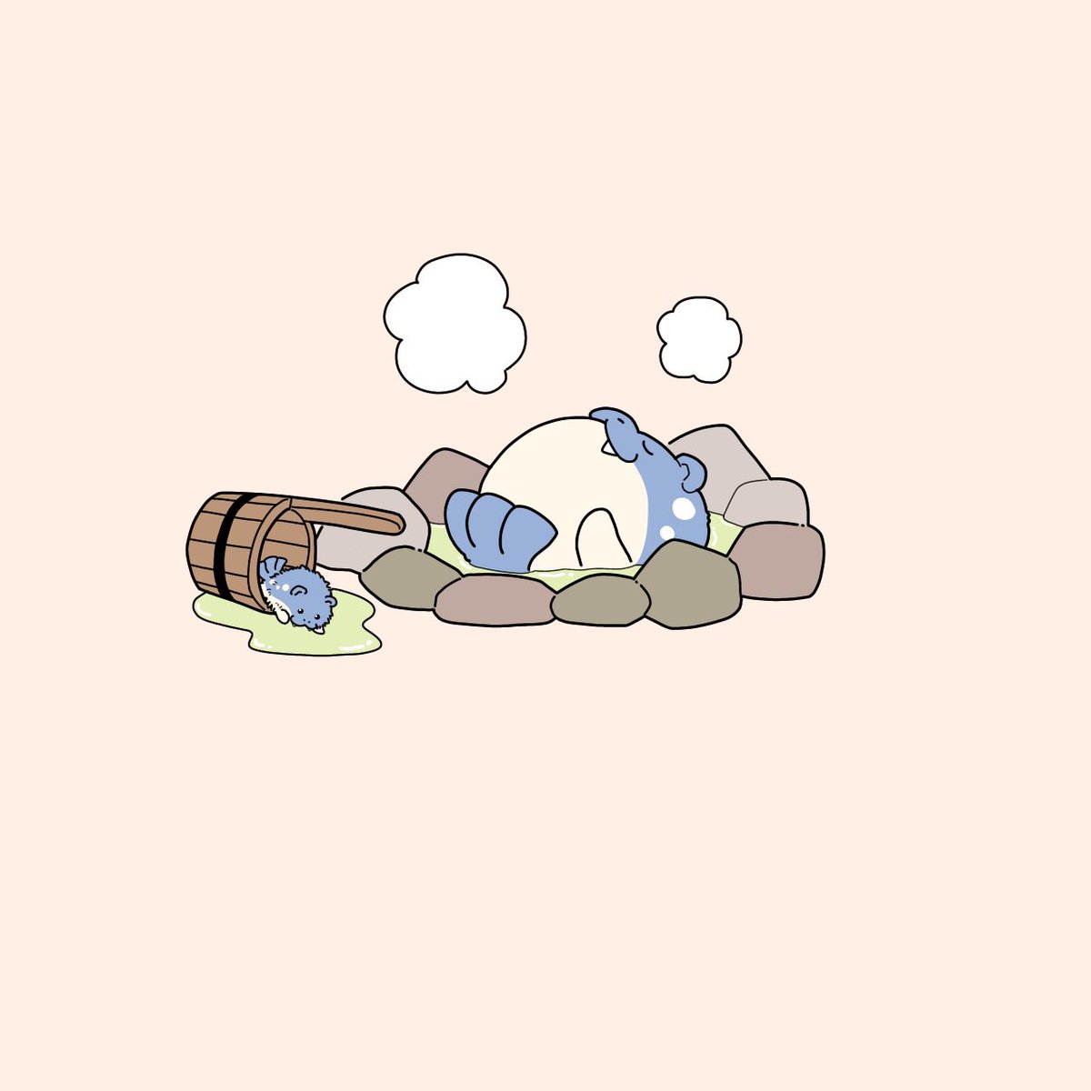 pokemon (creature) no humans bucket closed eyes water steam onsen  illustration images