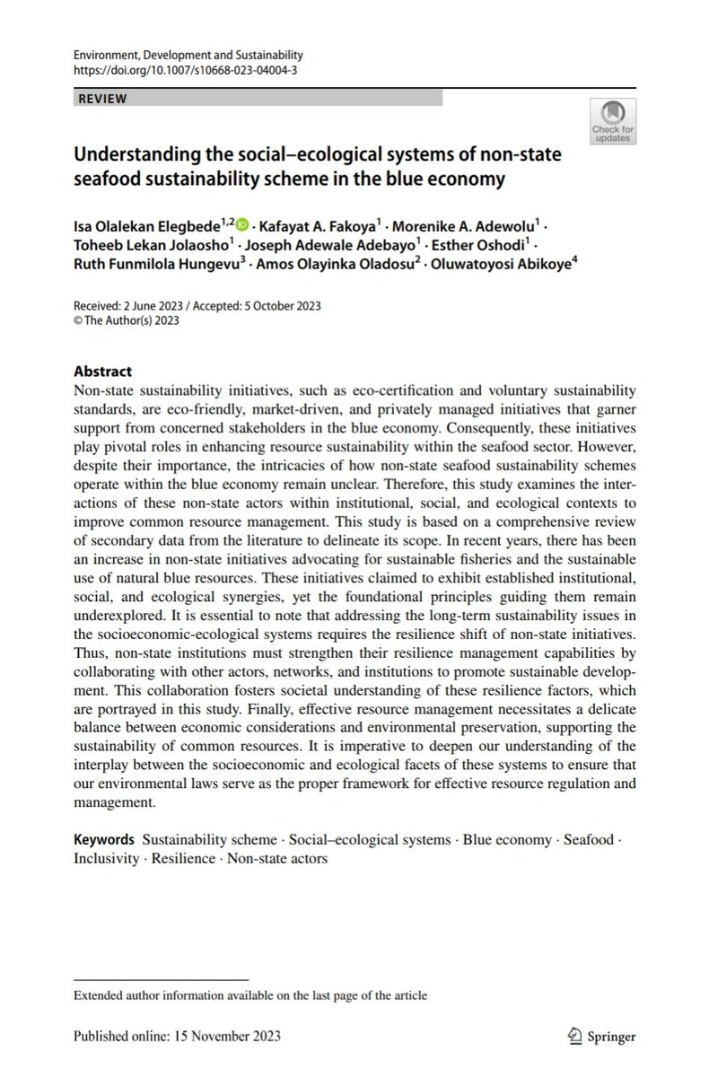 isa_elegbede's tweet photo. 🌐 Join the movement for a #greener #Sustainable #blue economy! 🌱 Our study from @SpringerNature  @SpringerEnviro - Environ Dev Sustain, unveils the hidden synergies of non-state sustainability initiatives and #resilience in preserving our #blue resources
https://t.co/SGnaSGBRK9 https://t.co/qm4VX11XdF