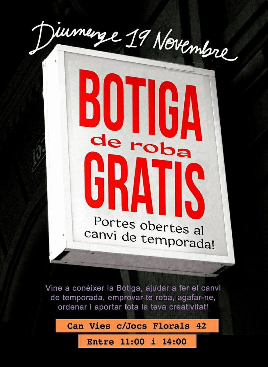 Demà diumenge portes obertes a la Botiga de roba Gratis de Can Vies! Farem el canvi de temporada, vine a emprovar-te roba, agafar-ne, ordenar i aportar la teva creativitat! 🍂🏵️🌞🧦🧤