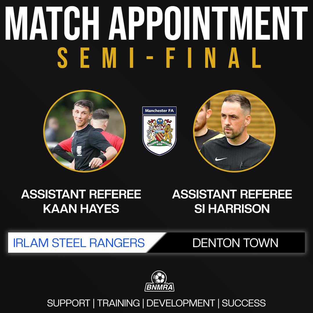 🏆 Match Appointments - Semi Final

Well done to two of our members, Kaan Hayes and Si Harrison, on thier cup final appointment on the MFA Challenge Trophy semi-final! Kaan and Si will act as assistant referees on the fixture above, kicking off at 14:00 today

Best of luck lads!
