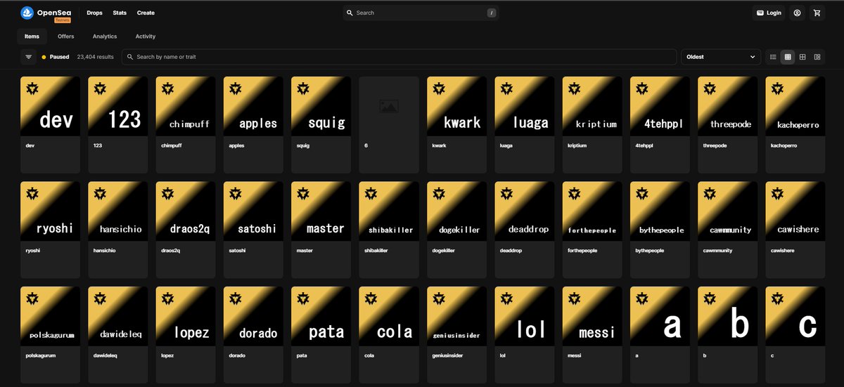 yu88510's tweet photo. #CAW $CAW
CAWのユーザー名NFTをミントのテストネットに関する小ネタをご紹介します。

CAWのテストネットで行われているユーザー名NFTのミントについては、多くの方が既にご存じだと思います。
作成したNFTはOpenSeaのテストネットサイトで確認することができます。
以下の画像の"ryoshi420"は私が作成した、NFTになります。

マニフェストの通り小文字のアルファベットa～z、数字0～9までを組合せた名前を作成することができます。
作成するユーザー名はユニークな文字列となります。(重複のない唯一無二の存在)

OpenSeaを覗くと現在もテストネットでNFTを作成している方がいることが分かります。

ユーザー名NFTの作成手順はメインネットでも大きく変わることは無いと思っているので、まだテストネットで試したことがない方は今のうちに試しておくとメインネットローンチ後もスムーズに進めることができると思うのでぜひトライしてみてください。

次に、最初にテストネットで作成されたユーザー名NFTは何でしょうか？
OpenSeaで作成が古い順に並び変えると分かります。

最初は"dev"、次に"123"という順番で作成されています。
こちらの"dev"というNFTが作成されたのは、2022年10月5日となっています。

テストネットが公開されたのは、2023年1月17日です。
それ、以前に作られたアカウントはdapp開発者とUIを使用せずに手動でスマートコントラクトを実行できる技術を持った方のみになります。

devというNFTの作成者は、他に3つのNFTを持っています。
- 123
- dev
- dev
devが2つあるのは、コントラクトの違いです。

NFTミントのテストネットが2023年1月17日に公開されてからあっという間に10ヶ月が経過。
これまでに23.4KのNFTがミントされています。
あと2ヶ月で1年が経過してしまします。開発が進展して次のテストネットフェーズを心待ちにしています。

以上、特に有益な情報というわけではありませんが、このような情報をあまり見かけなかったので共有しました。

※本当はこのポストにあと2枚画像を貼り付けたかったのですが、上限4枚だったので断念しました。