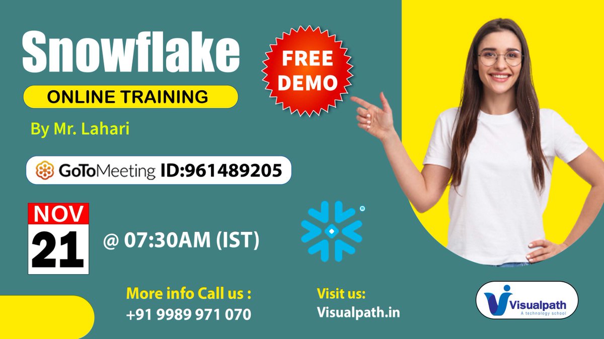 TalluriRenuka's tweet photo. Join Now: https://t.co/BoAdtEX4j2
Attend New Online Free Demo on Snowflake by Ms. Lahari on Nov 21th (Tues) @ 7:30 AM IST
Call : +91 9989971070.
Visit: https://t.co/iqSI57TNnz
#snowflakes #snowflakeonline #Visualpath #snowflaketraining #SQL #DataWarehouse #sqlfunctions #MDM https://t.co/ndPG2GWJ31