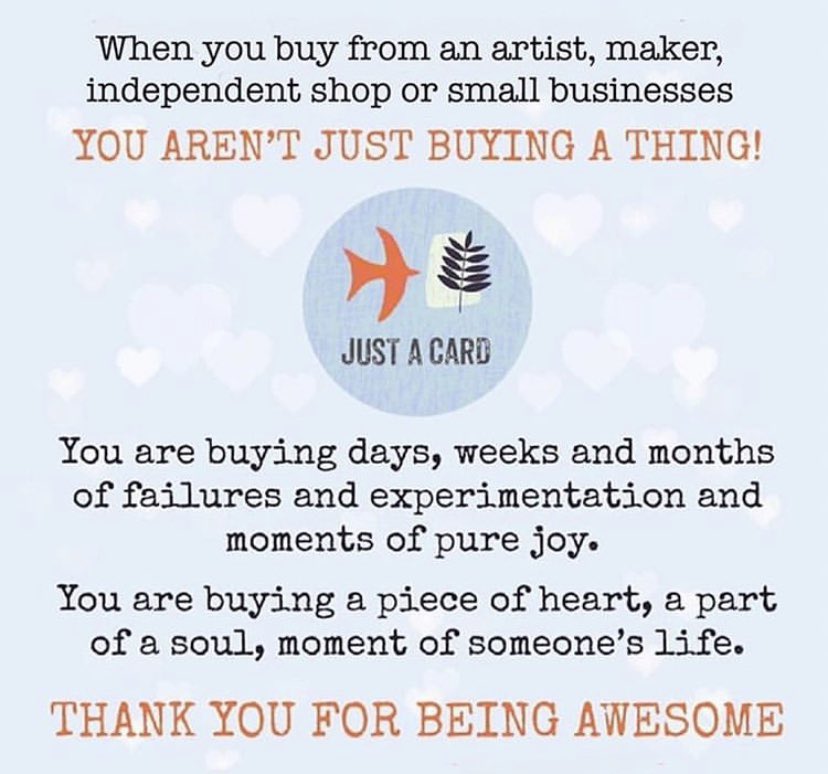 Christmas shopping this weekend? Buying #JustACard locally can make a difference to makers, designers, artists, photographers, charities, museums, galleries, gift shops, post office, market traders, boutiques, health shops, newsagents, bookshops and festive fairs.