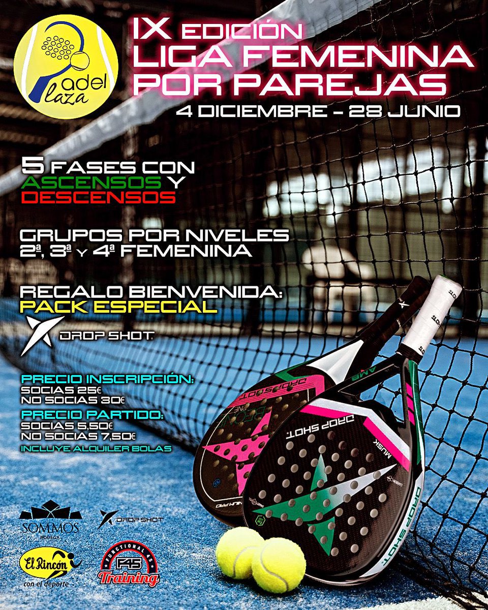 IX Edición LIGA FEMENINA @_dropshot_ POR PAREJAS 👧👧🎾

📅5 Fases: 04/12 al 30/06/24

1️⃣Partido x Semana

📊Ascensos y Descensos

👩‍💻Todos los Niveles: 2ªFem, 3ªFem, 4ªFem y Principiante

🎁 Regalo <a href="/_DropShot_/">DROP SHOT</a>

🏆PREMIOS
✍️ Inscripciones en: padelplaza.es 

TE ESPERAMOS