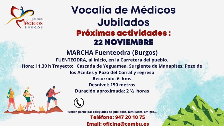 #MEDICOSJUBILADOS #ACTIVIDAD 

🚶‍♂️🚶‍♀️🌄🏞️MARCHA A FUENTEODRA: 22 NOVIEMBRE 

Recorrido: 6  kms

combu.es/colegiados/voc…