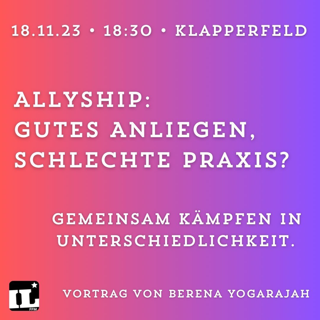 iLfrankfurt's tweet photo. Was tun gegen #Rassismus und #Sexismus? Wie Solidarität mit Leben füllen? Wie gemeinsam kämpfen – in Unterschiedlichkeit? Darüber diskutieren wir heute Abend mit der antirassistischen Aktivistin Berena Yogarajah. 18.30 Uhr, #Klapperfeld. Kommt vorbei! ❤️💜💥 https://t.co/GekN1JIfAm