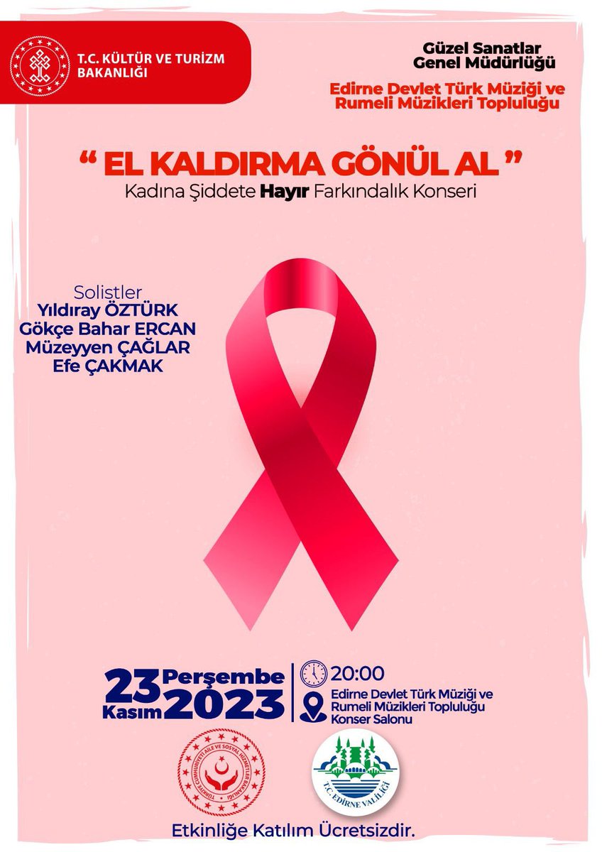 25 Kasım Kadına Yönelik Şiddetle Uluslararası Mücadele Günü’ne özel düzenlediğimiz farkındalık konserine tüm halkımız davetlidir. Konserimiz ücretsizdir. 
#edirnedevlettürkmüziğitopluluğu #medirnekulturturizm #edirnekonser #edi̇rne