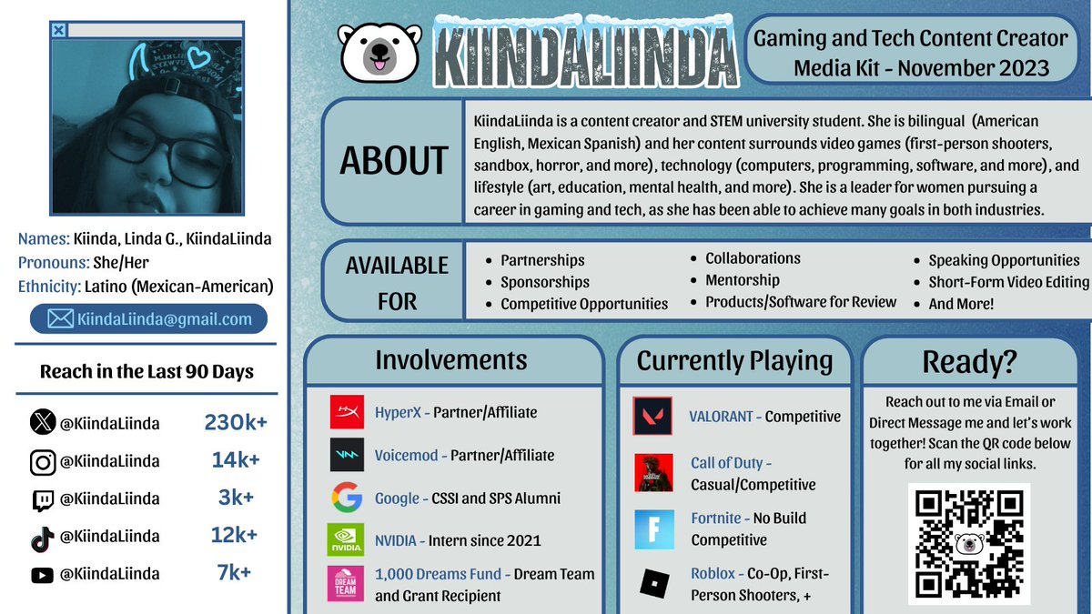 segfxult's tweet photo. 👋 Hey there!

I'm KiindaLiinda! I'm a gaming and tech content creator looking to work with individuals, brands, organizations, and more! Check out my media kit below and let's connect!

✉️ KiindaLiinda@gmail.com
📥 Direct Message me on Twitter/X https://t.co/IpMSMV4CCF