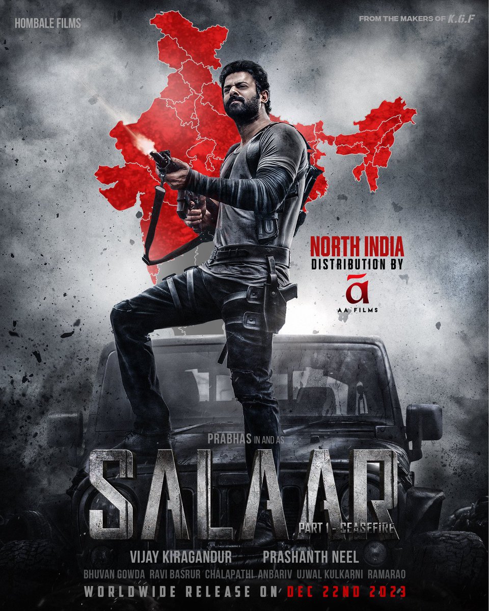 #Salaar Domestic Distributors: 

⭐️ North India: AA Films
⭐️ Telangana (Nizam): Mythri
⭐️ Karnataka: Hombale 
⭐️ Tamil Nadu: Red Giant 
⭐️ Andhra Pradesh: Multi 
⭐️ Kerala: Prithviraj Productions