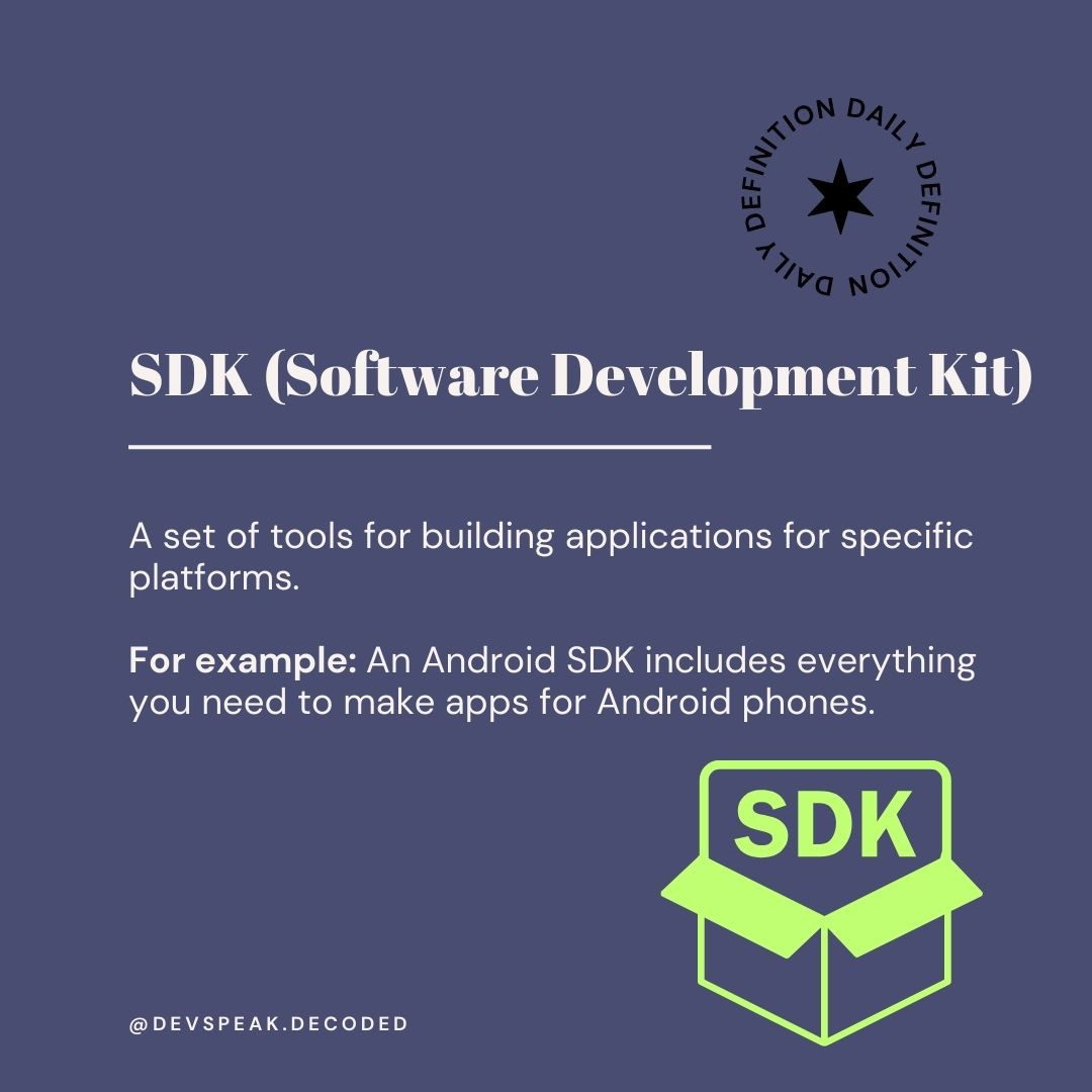 BuzzwordBuster's tweet photo. What is an #SDK?

#web #coding #programming #web3 #software #code https://t.co/aKoWjviEb9