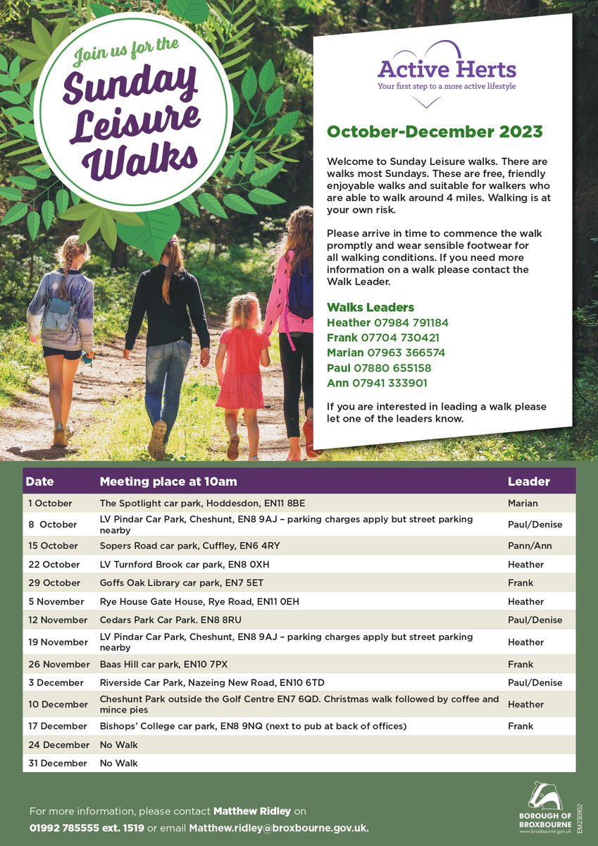 BroxbourneBC's tweet image. Check out our Sunday Leisure Walks schedule 🚶‍♀️🚶‍♂️ 

These are free, friendly and enjoyable walks suitable for anyone who can manage 4 miles