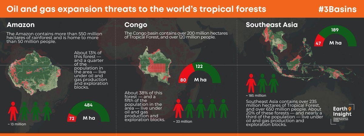 ⛽️🛢  Un nuevo informe @Earth_Insight publicado antes de la cumbre de #3Basins en Brazzaville muestra las amenazas masivas de petróleo y gas para los bosques tropicales más importantes de la TIERRA 

earth-insight.org/three-basins-r