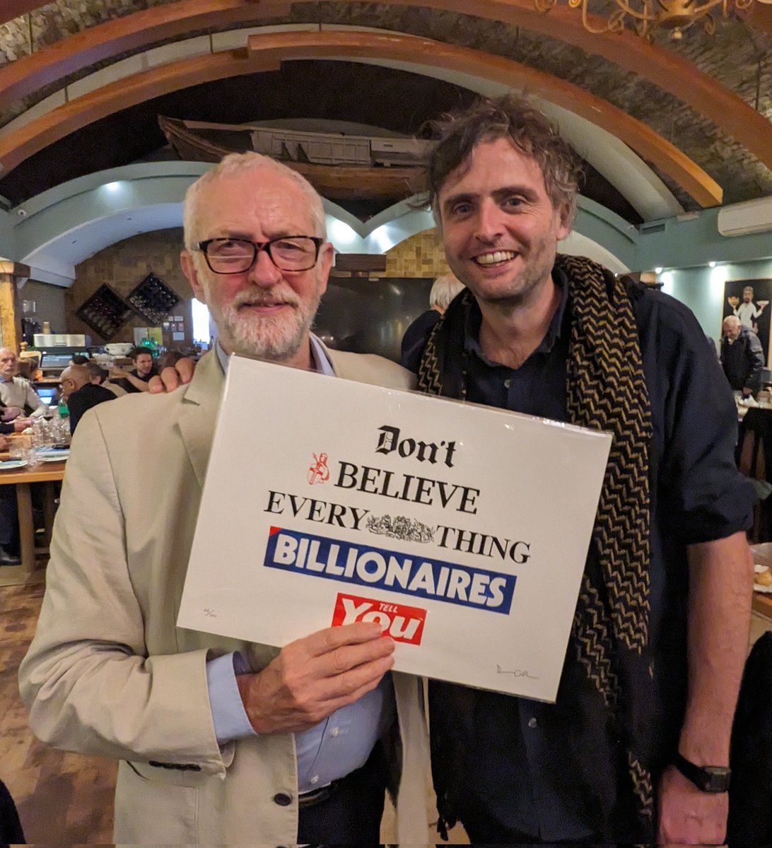 I went to dinner with Jeremy Corbyn last night lads. Gave him a copy of this print. Was at the opening night of the @corbyn_project 2023 international conference.