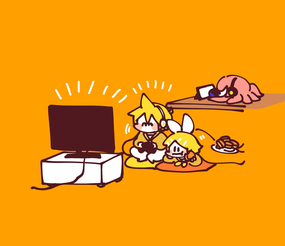 kagamine len ,kagamine rin ,megurine luka ,takoluka spiked hair white bow blonde hair 1boy orange background 1girl hair bow  illustration images