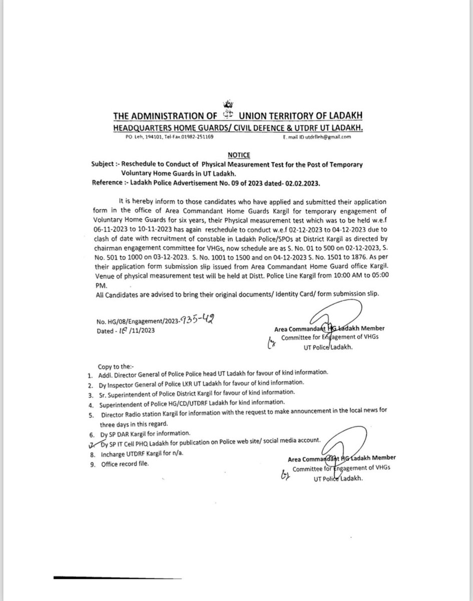 DGP_Ladakh's tweet image. Important Update for Voluntary Home Guards Candidates in Kargil! PMT, originally scheduled from 06-11-2023 to 10-11-2023, is now rescheduled to 02-12-2023 to 04-12-2023. Venue: Distt. Police Line Kargil, 10 AM - 5 PM. Remember to bring original documents &amp;amp; ID. #Kargil #HomeGuards