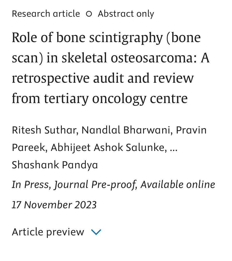 Role of bone scintigraphy (bone scan) in skeletal osteosarcoma: A retrospective audit and review from tertiary oncology centre sciencedirect.com/science/articl… #surgery #orthopedics #bonescan #osteosarcoma #sarcoma#gcri #ahmedabad #india @angryoldman27 @kevaluroonco @DrPriyankRatho1